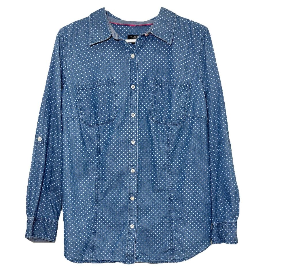 Talbots 16WP Blue Chambray Polka Dot Button Front Roll Tab Cotton Shirt Petite